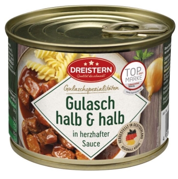 Dreistern, Hausm. Gulasch Halb & Halb in pikanter dunkler Sauce - 500 Gramm